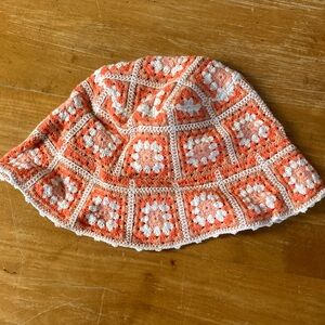 Maje Orange White Granny Square Crochet Bucket Hat One Size 100% Cotton